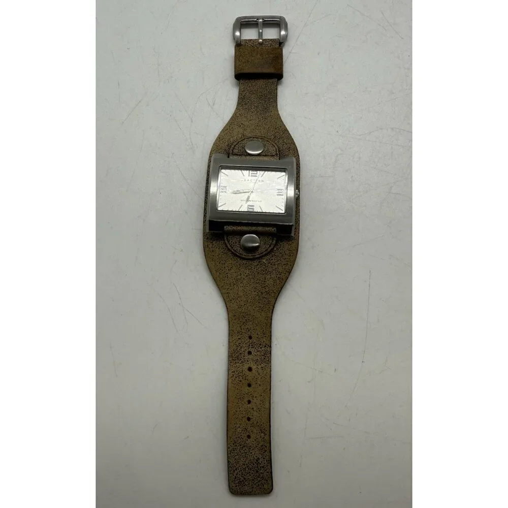 Reaction Kenneth Cole Watch Women's Silver Tone Rectangle Leather Wide Cuff Band